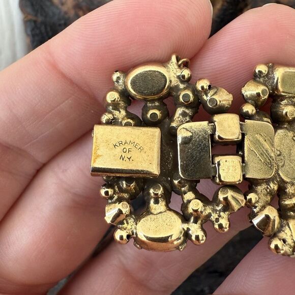 Vintage Kramer of NY Wide Runway Bracelet Green Blue Rhinestone Cluster Gorgeous - Picture 9 of 13